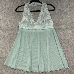 Y2K Victoria Secret Babydoll Top Halter Sheer Lace V-Neck Lingerie Nightie Sz L